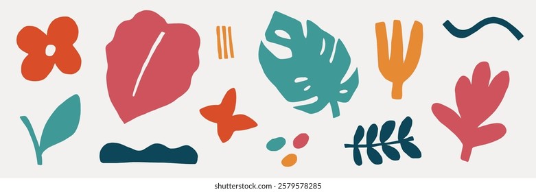 Colorful abstract shapes and leaves in vibrant hues. Abstract leaves and shapes in bold colors. Vibrant shapes and leaves create a lively design. Nature illustrations, vector set.