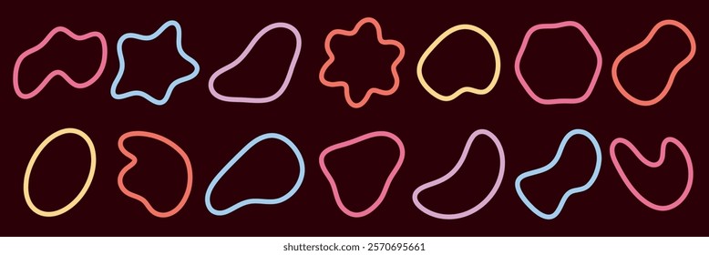 Colorful abstract shapes in neon outlines on a dark background. Abstract shapes in pink, yellow, blue. Unique abstract shapes for creative designs. Colorful shapes, vector element set.