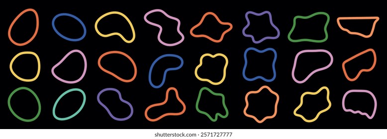 Colorful abstract shapes on a black background. Various abstract shapes in bright colors. Vibrant abstract shapes create a playful, dynamic pattern. Colorful shapes, vector element set.