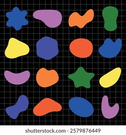 Colorful abstract shapes on a black grid background. Bright shapes include blue, pink, orange, yellow, and green. Abstract shapes on grid, vibrant colors. Colorful shapes, vector element set.