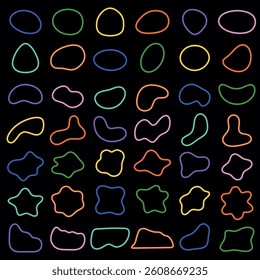 Colorful abstract shapes on a black background. Neon shapes in various forms. Bright shapes, abstract shapes, and neon outlines create a vibrant pattern. Colorful vector element set.