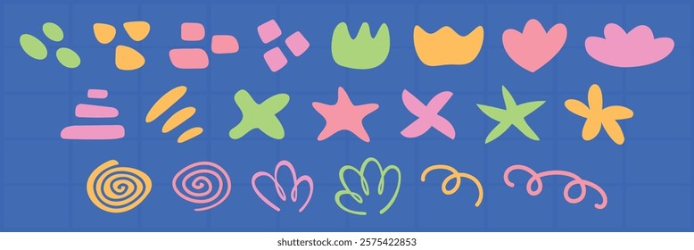 Colorful abstract shapes on a blue background. Shapes include stars, flowers, and swirls. Bright and playful with abstract shapes in pink, green, and yellow. Colorful abstract elements, vector set.