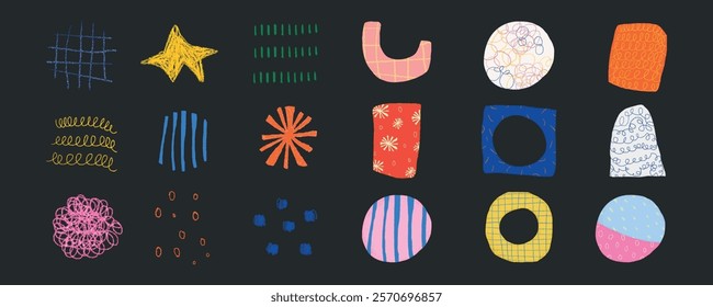 Colorful abstract shapes on a dark background. Shapes include circles, squares, and stars. Vibrant colors like red, blue, and yellow. Abstract and playful design. Colorful memphis shape vector set.