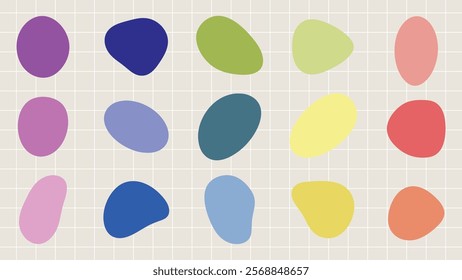 Colorful abstract shapes on a grid background. Various shapes in vibrant colors like pink, blue, green, and yellow. Abstract shapes create a playful design. Colorful shapes, vector element set.