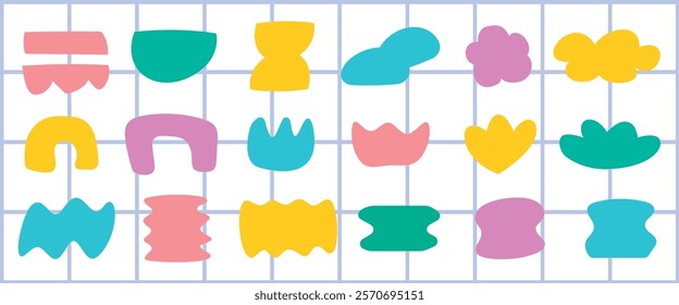 Colorful abstract shapes on a grid. Shapes include pink, yellow, green, and blue. Abstract shapes arranged in a playful grid pattern. Vibrant and abstract. Cute illustrations vector set.