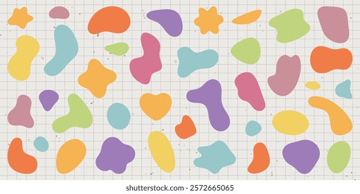 Colorful abstract shapes on a grid background. Vibrant shapes in orange, blue, green, and purple. Abstract shapes create a playful, artistic pattern. Pastel shapes, vector element set.