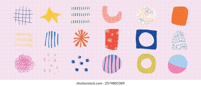 Colorful abstract shapes on a grid background. Shapes include circles, stars, and lines. Vibrant colors like red, blue, and yellow. Abstract and playful design. Colorful memphis shape vector set.