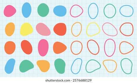 Colorful abstract shapes on a grid background. Vibrant shapes in blue, red, yellow, and green. Abstract shapes arranged in a playful, colorful pattern. Colorful shapes, vector element set.