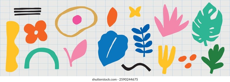 Colorful abstract shapes on grid paper. Abstract shapes include leaves, flowers, and lines. Vibrant abstract shapes create a playful design. Cute illustrations, isolated vector set.