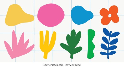 Colorful abstract shapes on a grid. Bright abstract shapes include pink, yellow, and blue. Abstract shapes create a playful, artistic vibe. Doodle illustrations, vector set.