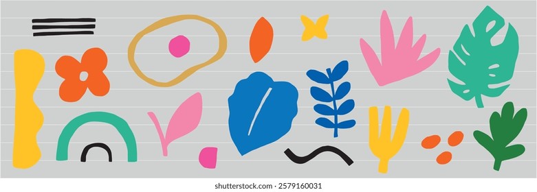 Colorful abstract shapes on a light background. Abstract shapes include leaves, flowers, and geometric forms. Bright and playful abstract design. Cute illustrations, isolated vector set.