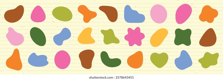 Colorful abstract shapes on lined paper. Bright shapes include pink, green, brown, and orange. Abstract shapes create a playful, vibrant pattern. Colorful shapes, vector element set.