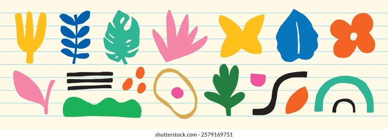 Colorful abstract shapes on lined paper. Abstract shapes in vibrant colors. Playful and colorful abstract shapes creating a lively design. Cute and colorful illustration vector set.