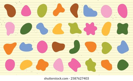 Colorful abstract shapes on lined paper. Abstract shapes in pink, green, brown, and yellow. Playful shapes add a vibrant, abstract touch to the design. Colorful shapes, vector element set.
