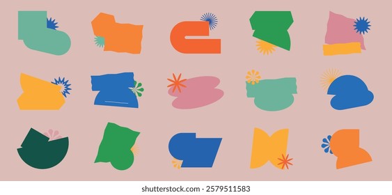 Colorful abstract shapes on a pink background. Abstract shapes in orange, green, blue, and pink. Geometric and abstract design with vibrant shapes. Element with copy space, vector set.