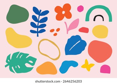 Colorful abstract shapes on a pink background. Vibrant shapes include leaves, flowers, and geometric forms. Abstract shapes create a playful design. Doodle illustrations, vector set.