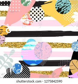 Colorful abstract shapes on striped background vector illustration. Geometric design with endless lines for poster, wallpaper, fabric, textile, wrapping paper