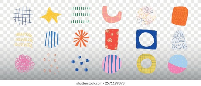 Colorful abstract shapes on transparent background. Shapes include circles, stars, and lines. Bright shapes in various colors and patterns. Colorful memphis shape vector set.