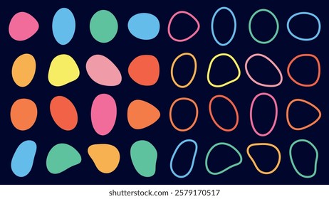 Colorful abstract shapes and outlines on a dark background. Bright shapes and outlines in various colors create a vibrant abstract pattern. Abstract and colorful design. Colorful shapes, vector set.