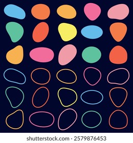Colorful abstract shapes and outlines on a dark background. Vibrant shapes and outlines create a playful, abstract design. Abstract shapes in vivid colors. Colorful shapes, vector element set.