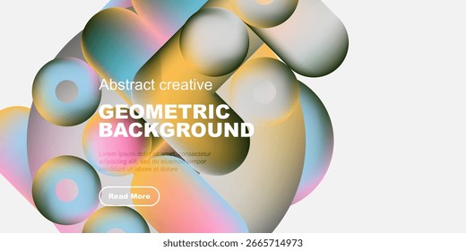 Colorful abstract shapes overlap, creating dynamic geometric background. Text promotes content with read more button. Modern design.