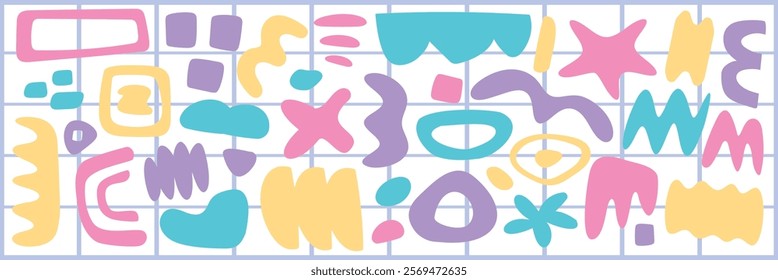 Colorful abstract shapes in pastel hues. Geometric shapes in pink, blue, yellow. Abstract design with pastel shapes. Geometric pastel abstract art. Cute illustrations vector set.