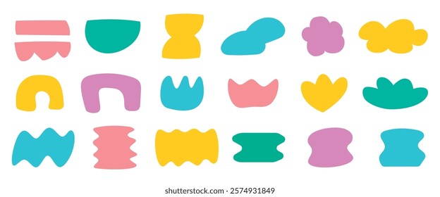 Colorful abstract shapes in pastel tones. Abstract shapes include wavy, geometric, and organic forms. Bright pastel shapes create a playful, artistic vibe. Cute illustrations vector set.