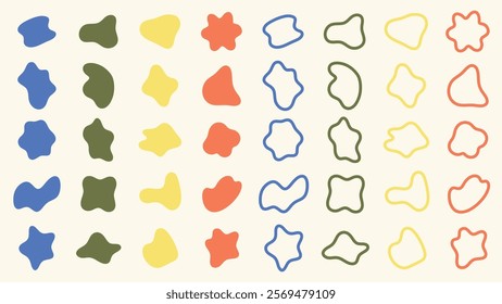 Colorful abstract shapes in a pattern. Shapes include blobs and outlines in blue, red, yellow, and green. Abstract shapes create a vibrant pattern. Colorful shapes, vector element set.