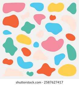 Colorful abstract shapes pattern with red, blue, green, yellow blobs. Abstract shapes, colorful blobs, playful design. Bright, abstract, colorful shapes. Pastel shapes, vector element set.