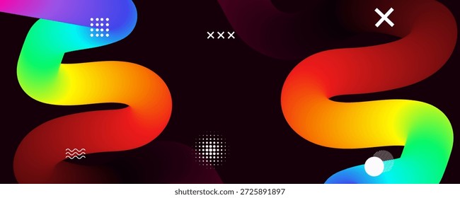 Formas abstractas coloridas y patrones sobre fondo oscuro