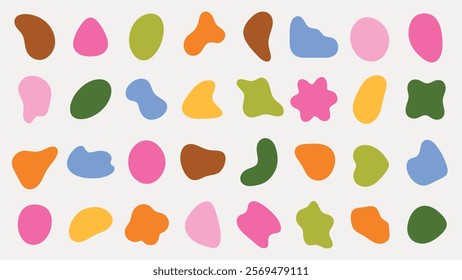 Colorful abstract shapes in pink, green, orange, and brown. Abstract shapes create a playful pattern. Shapes in abstract art evoke creativity and fun. Colorful shapes, vector element set.