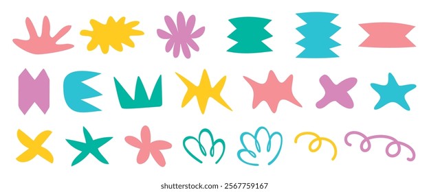 Colorful abstract shapes in pink, yellow, green, and blue. Playful, geometric, and organic forms. Abstract, colorful, and vibrant design elements. Colorful abstract elements, vector set.