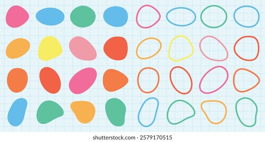 Colorful abstract shapes in pink, yellow, blue, and green on a grid background. Shapes vary in size and color, creating a vibrant, playful pattern. Colorful shapes, vector element set.