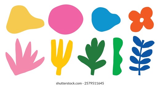 Colorful abstract shapes in pink, yellow, blue, and green. Abstract shapes include leaves and blobs. Bright abstract shapes for creative designs. Doodle illustrations, vector set.