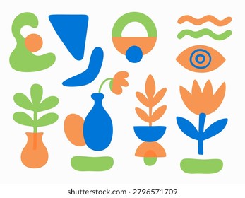Colorful abstract shapes and plant-like forms arranged in a grid on a white background featuring green, orange, and blue elements with curves and geometric silhouettes.