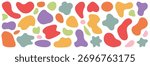 Colorful abstract shapes in playful pattern, featuring red, orange, green, purple, and pink blobs on transparency background