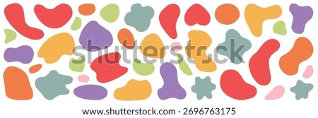 Colorful abstract shapes in playful pattern, featuring red, orange, green, purple, and pink blobs on transparency background