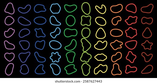 Colorful abstract shapes in rainbow hues on a black background. Shapes vary in size and form, creating a vibrant, dynamic pattern. Abstract, colorful, rainbow. Colorful shapes, vector element set.