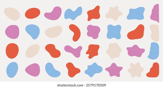 Colorful abstract shapes in red, blue, pink, and beige. Organic, playful forms. Abstract shapes create a vibrant, artistic pattern. Abstract design elements. Colorful shapes, vector element set.