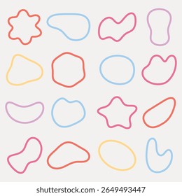 Colorful abstract shapes in red, blue, pink, yellow. Abstract shapes in various forms. Red, blue, pink, yellow shapes on a light background. Colorful shapes, vector element set.