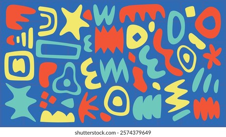 Colorful abstract shapes in red, yellow, and blue. Abstract patterns with wavy lines, stars, and circles. Bright abstract art with geometric shapes. Colorful vector set.