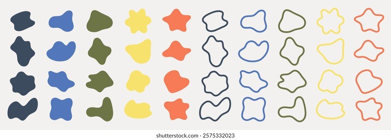 Colorful abstract shapes in rows. Abstract shapes in blue, green, orange, and yellow. Shapes vary in outline and fill. Artistic abstract shapes design.