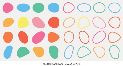 Colorful abstract shapes in rows. Vibrant shapes, abstract design. Rows of colorful abstract pattern. Bright, colorful, abstract shapes in a pattern. Colorful vector element set.