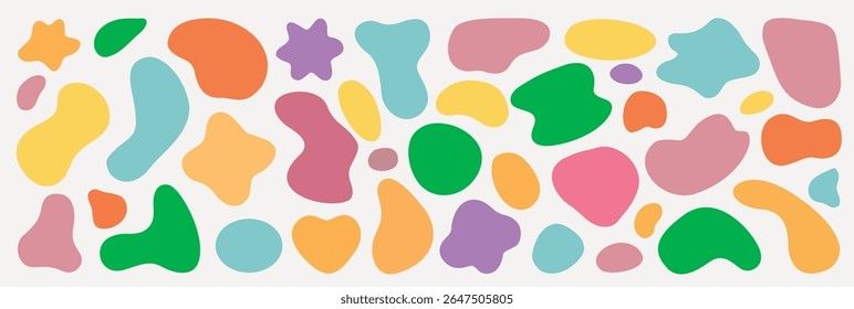 Colorful abstract shapes in a seamless pattern. Abstract shapes in pastel colors. A variety of abstract shapes create a playful and vibrant design. Colorful shapes, vector element set.