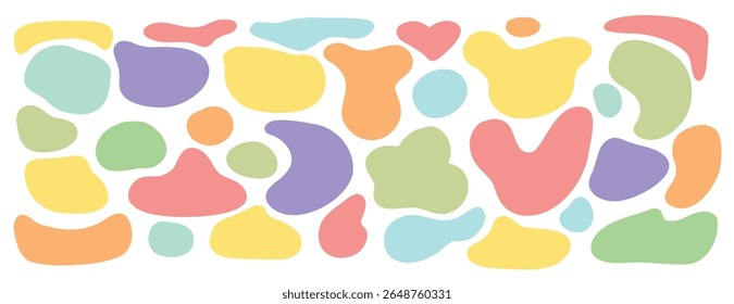 Formas abstratas coloridas em um padrão perfeito. Formas abstratas em cores pastel. Uma variedade de formas abstratas criam um design lúdico e vibrante. Formas coloridas, conjunto de elementos de vetor
