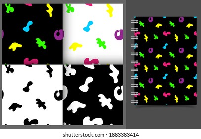 Colorful abstract shapes seamless patterns set. Vector illustration of abstract repeat background for scrapbook, wrapping, textile, cover design. 