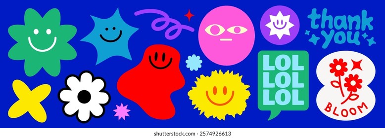 Colorful abstract shapes with smiling faces and text like 'thank you' and 'LOL' Bright, playful design with flowers and stars on a blue background Funky stickers, vector set