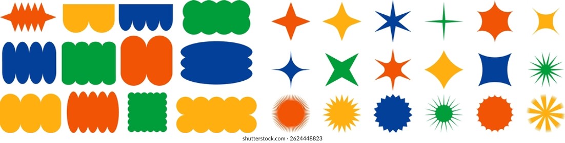Colorful abstract shapes and star icons for you designs and creative projects. Trendy y2k pop art cartoon icon pack. Vector EPS 10