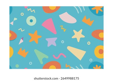 Colorful abstract shapes stars on a light blue seamless pattern design circles triangles