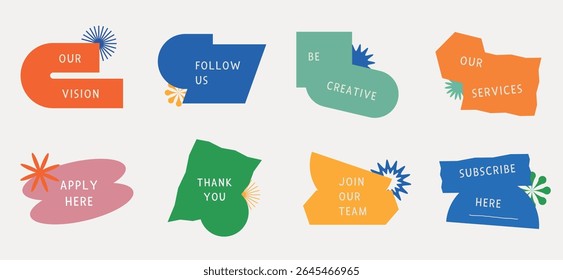 Colorful abstract shapes with text like 'Our Vision', 'Follow Us', 'Be Creative'. Bright, playful design with diverse colors and dynamic shapes. Isolated illustrations, element vector set.